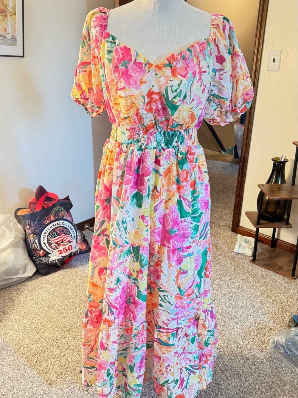 Baltic Born Pink Floral Puff-Sleeve Midi Dress